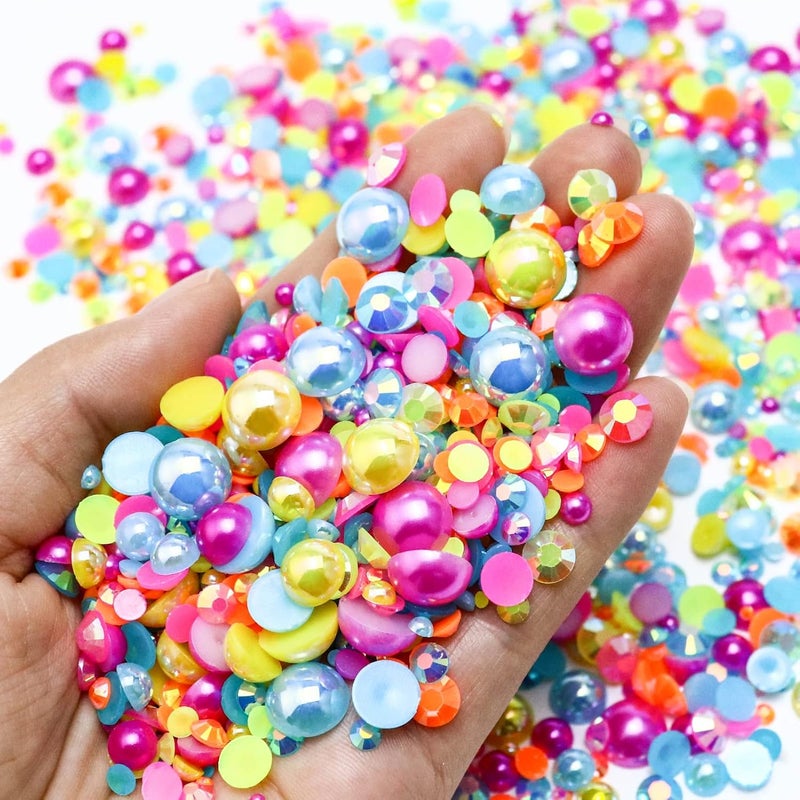 Towenm 60g Mix Flatback Pearls and Rhinestone, 2mm-10mm Jelly Rhinestones and Half Pearls for Crafts Tumblers Shoes Nails Face Art, with Picker Pen, Pink|Blue|Yellow|Orange - Image 2